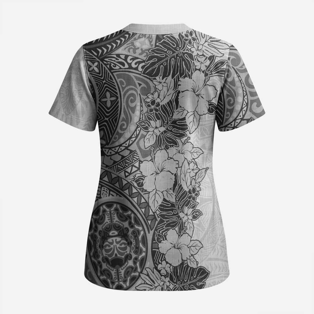 Polynesia Scrub Top Hibiscus Hawaiian Tribal Tattoo Retro Gray - Polynesian Pride