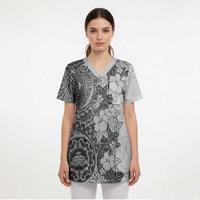 Polynesia Scrub Top Hibiscus Hawaiian Tribal Tattoo Retro Gray - Polynesian Pride