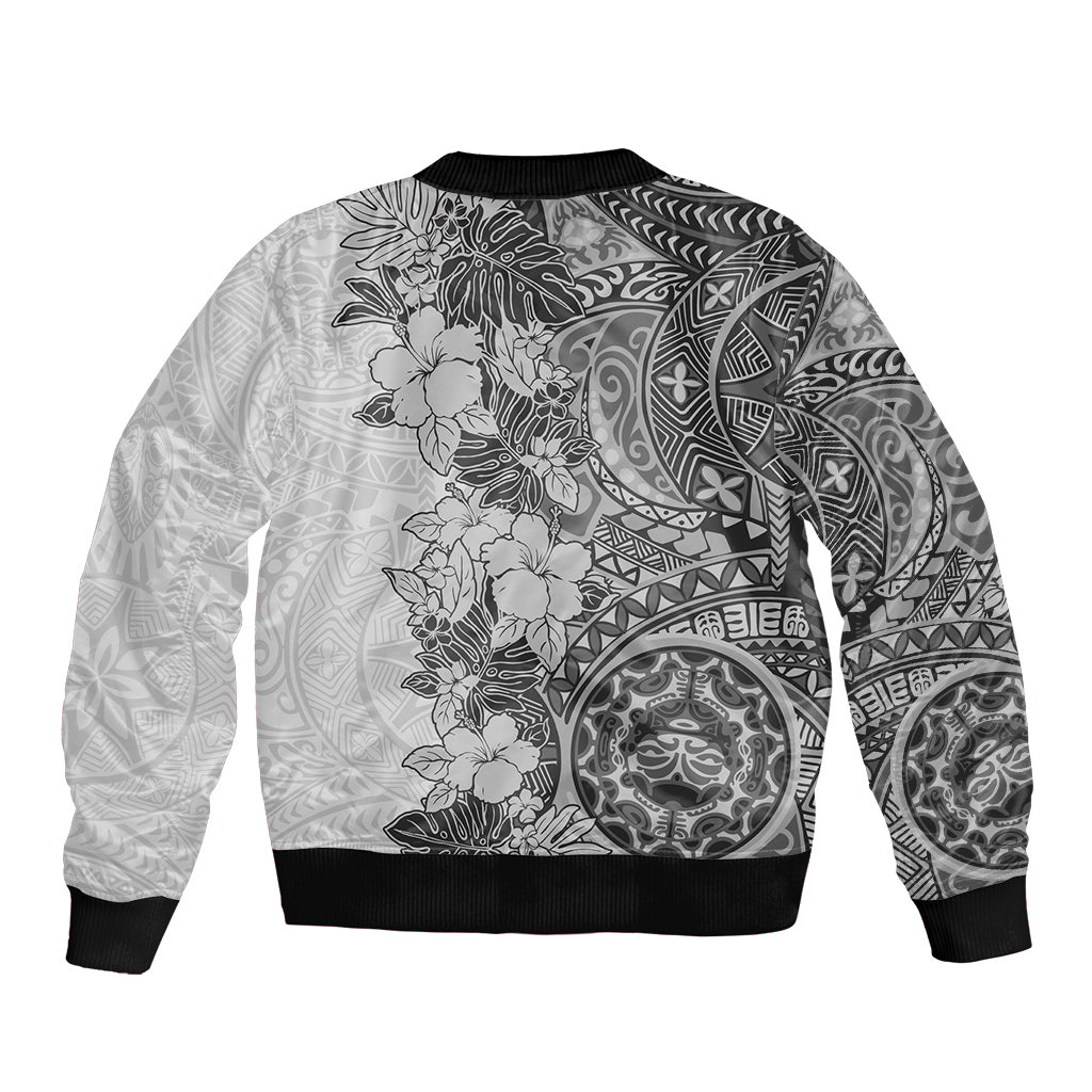 Polynesia Sleeve Zip Bomber Jacket Hibiscus and Hawaiian Tribal Tattoo Retro Style Gray Color LT9 - Polynesian Pride