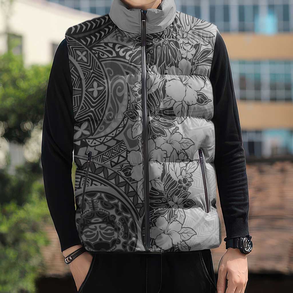 Polynesia Sleeveless Puffer Jacket Hibiscus Hawaiian Tribal Tattoo Retro Gray - Polynesian Pride