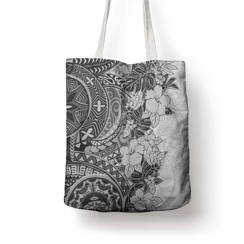 Polynesia Tote Bag Hibiscus Hawaiian Tribal Tattoo Retro Gray - Polynesian Pride