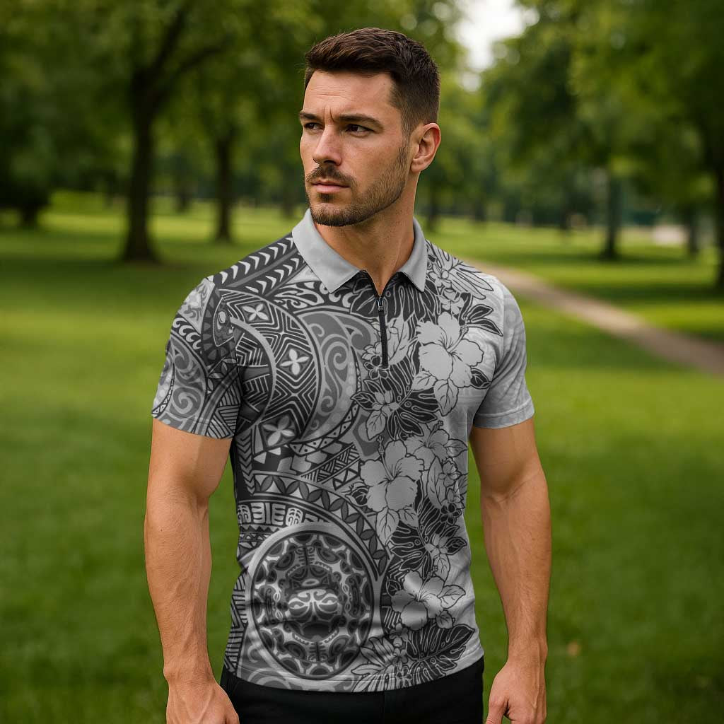 Polynesia Zipper Polo Shirt Hibiscus Hawaiian Tribal Tattoo Retro Gray - Polynesian Pride