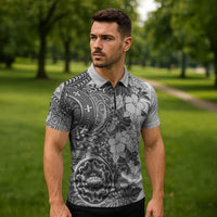 Polynesia Zipper Polo Shirt Hibiscus Hawaiian Tribal Tattoo Retro Gray - Polynesian Pride