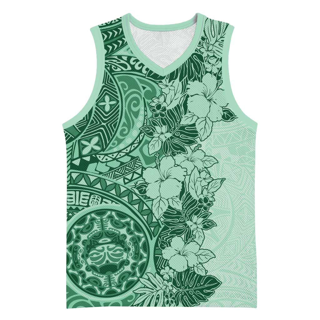 Polynesia Basketball Jersey Hibiscus Hawaiian Tribal Tattoo Retro Green LT9 Unisex Green - Polynesian Pride