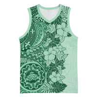Polynesia Basketball Jersey Hibiscus Hawaiian Tribal Tattoo Retro Green - Polynesian Pride