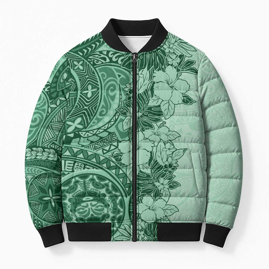 Polynesia Bomber Puffer Jacket Hibiscus Hawaiian Tribal Tattoo Retro Green - Polynesian Pride