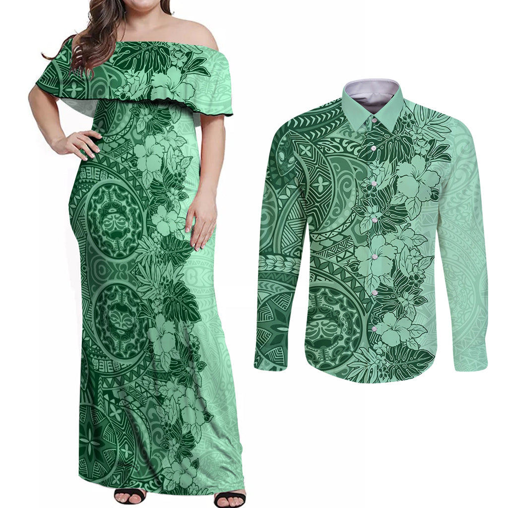 Polynesia Couples Matching Off Shoulder Maxi Dress and Long Sleeve Button Shirt Hibiscus and Hawaiian Tribal Tattoo Retro Style Green Color LT9 Green - Polynesian Pride