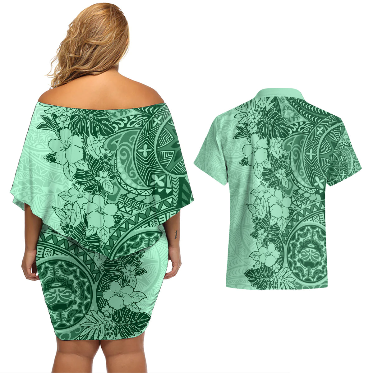 Polynesia Couples Matching Off Shoulder Short Dress and Hawaiian Shirt Hibiscus and Hawaiian Tribal Tattoo Retro Style Green Color LT9 - Polynesian Pride