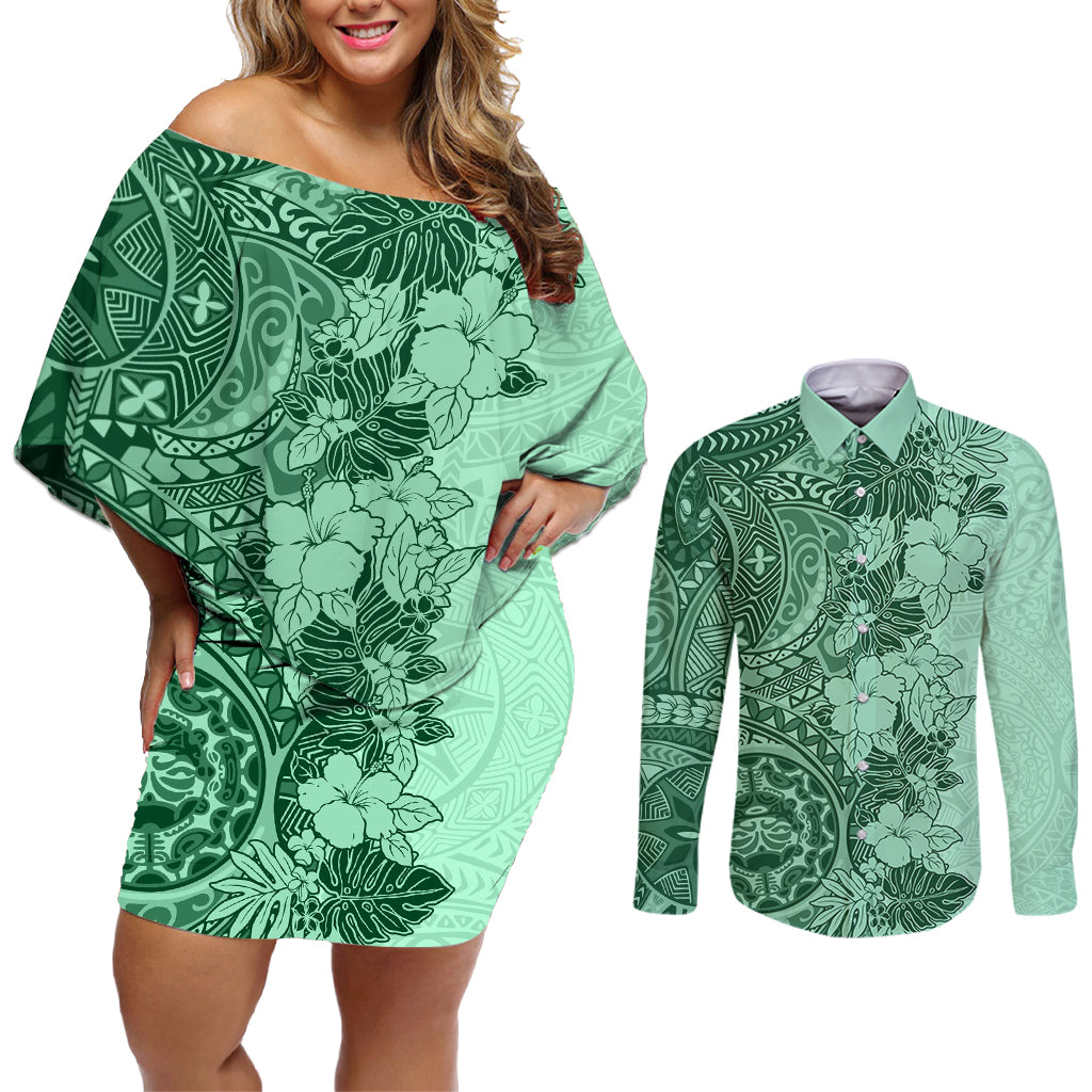 Polynesia Couples Matching Off Shoulder Short Dress and Long Sleeve Button Shirt Hibiscus and Hawaiian Tribal Tattoo Retro Style Green Color LT9 Green - Polynesian Pride
