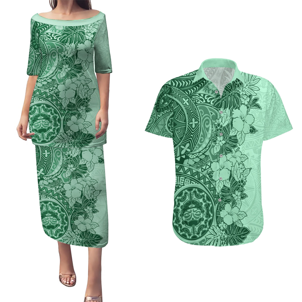 Polynesia Couples Matching Puletasi Dress and Hawaiian Shirt Hibiscus and Hawaiian Tribal Tattoo Retro Style Green Color LT9 Green - Polynesian Pride