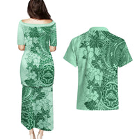 Polynesia Couples Matching Puletasi Dress and Hawaiian Shirt Hibiscus and Hawaiian Tribal Tattoo Retro Style Green Color LT9 - Polynesian Pride