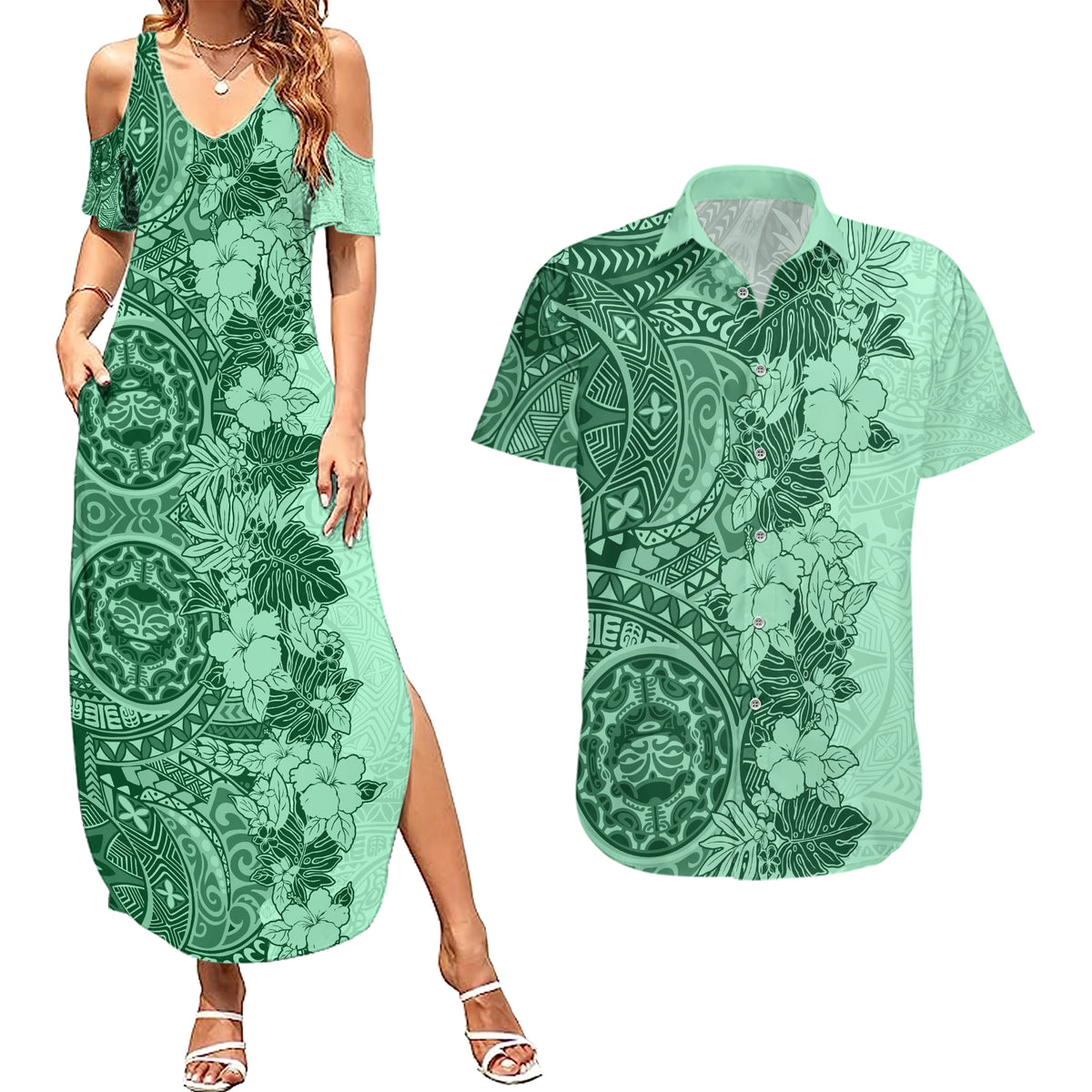 Polynesia Couples Matching Summer Maxi Dress and Hawaiian Shirt Hibiscus and Hawaiian Tribal Tattoo Retro Style Green Color LT9 Green - Polynesian Pride