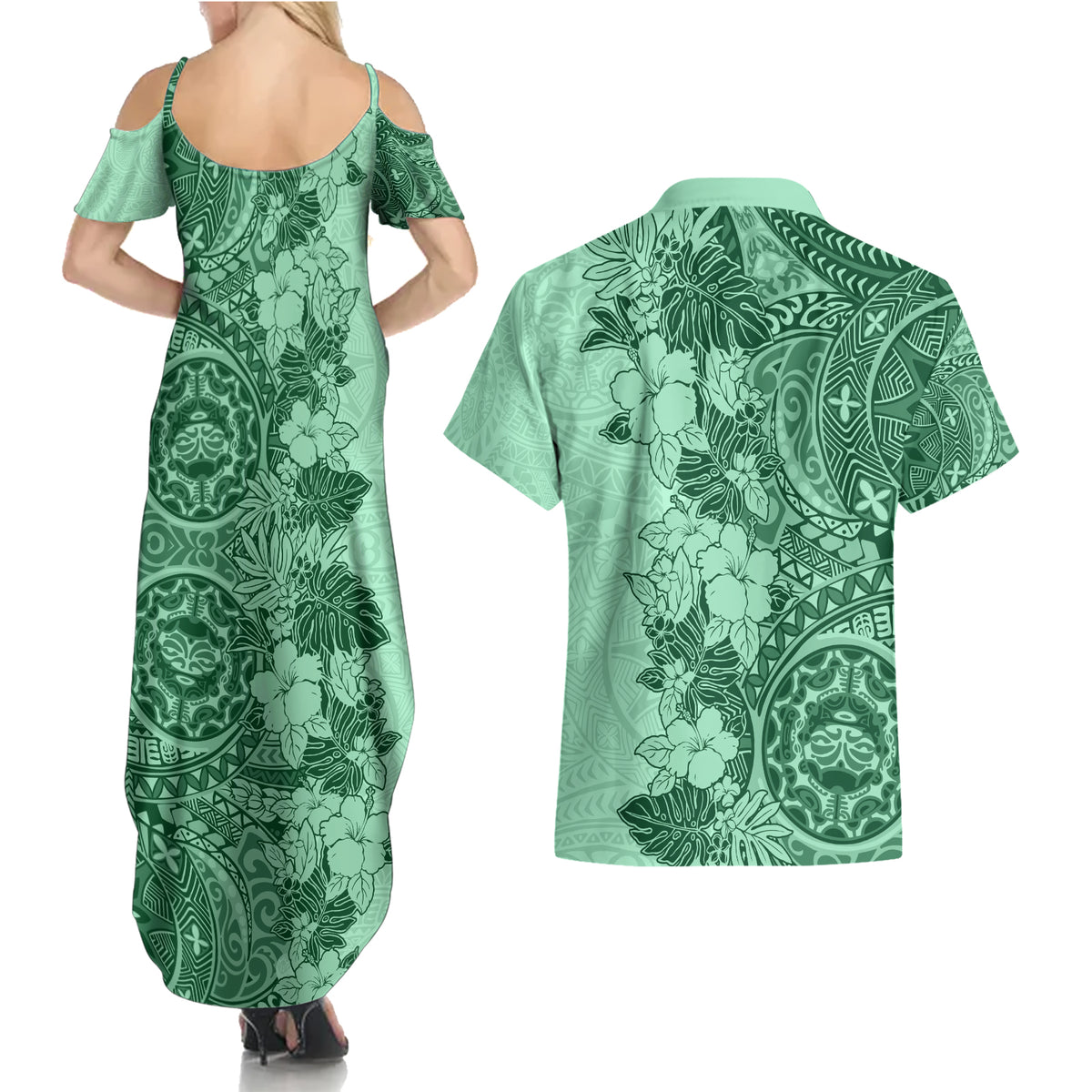 Polynesia Couples Matching Summer Maxi Dress and Hawaiian Shirt Hibiscus and Hawaiian Tribal Tattoo Retro Style Green Color LT9 - Polynesian Pride