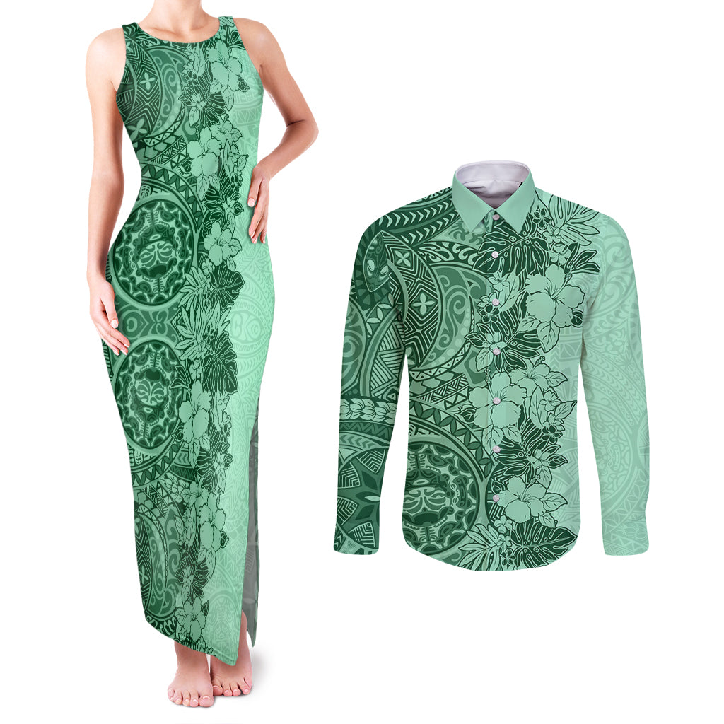 Polynesia Couples Matching Tank Maxi Dress and Long Sleeve Button Shirt Hibiscus and Hawaiian Tribal Tattoo Retro Style Green Color LT9 Green - Polynesian Pride