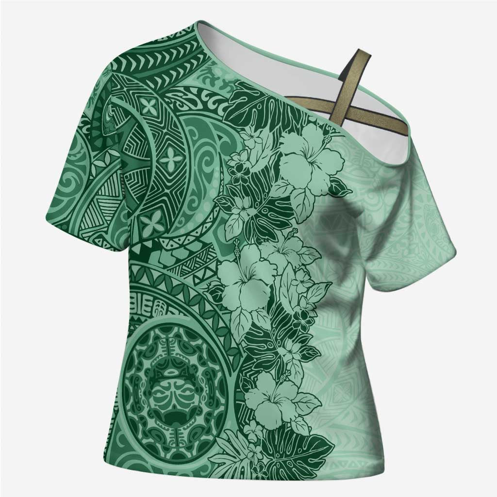 Polynesia Cross Shoulder Shirt Hibiscus Hawaiian Tribal Tattoo Retro Green LT9 Female Green - Polynesian Pride