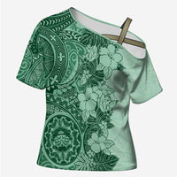 Polynesia Cross Shoulder Shirt Hibiscus Hawaiian Tribal Tattoo Retro Green - Polynesian Pride