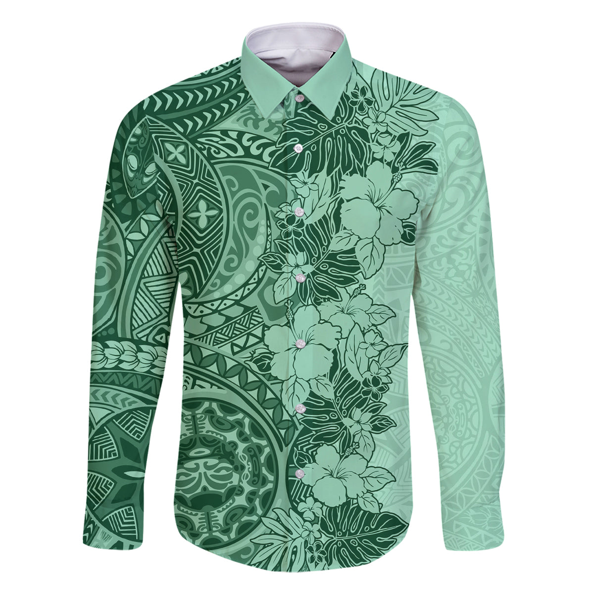 Polynesia Family Matching Long Sleeve Bodycon Dress and Hawaiian Shirt Hibiscus and Hawaiian Tribal Tattoo Retro Style Green Color LT9 Dad's Shirt - Long Sleeve Green - Polynesian Pride