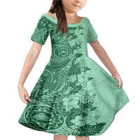 Polynesia Family Matching Mermaid Dress and Hawaiian Shirt Hibiscus and Hawaiian Tribal Tattoo Retro Style Green Color LT9 Daughter's Dress Green - Polynesian Pride