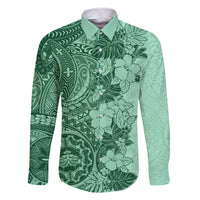 Polynesia Family Matching Short Sleeve Bodycon Dress and Hawaiian Shirt Hibiscus and Hawaiian Tribal Tattoo Retro Style Green Color LT9 Dad's Shirt - Long Sleeve Green - Polynesian Pride