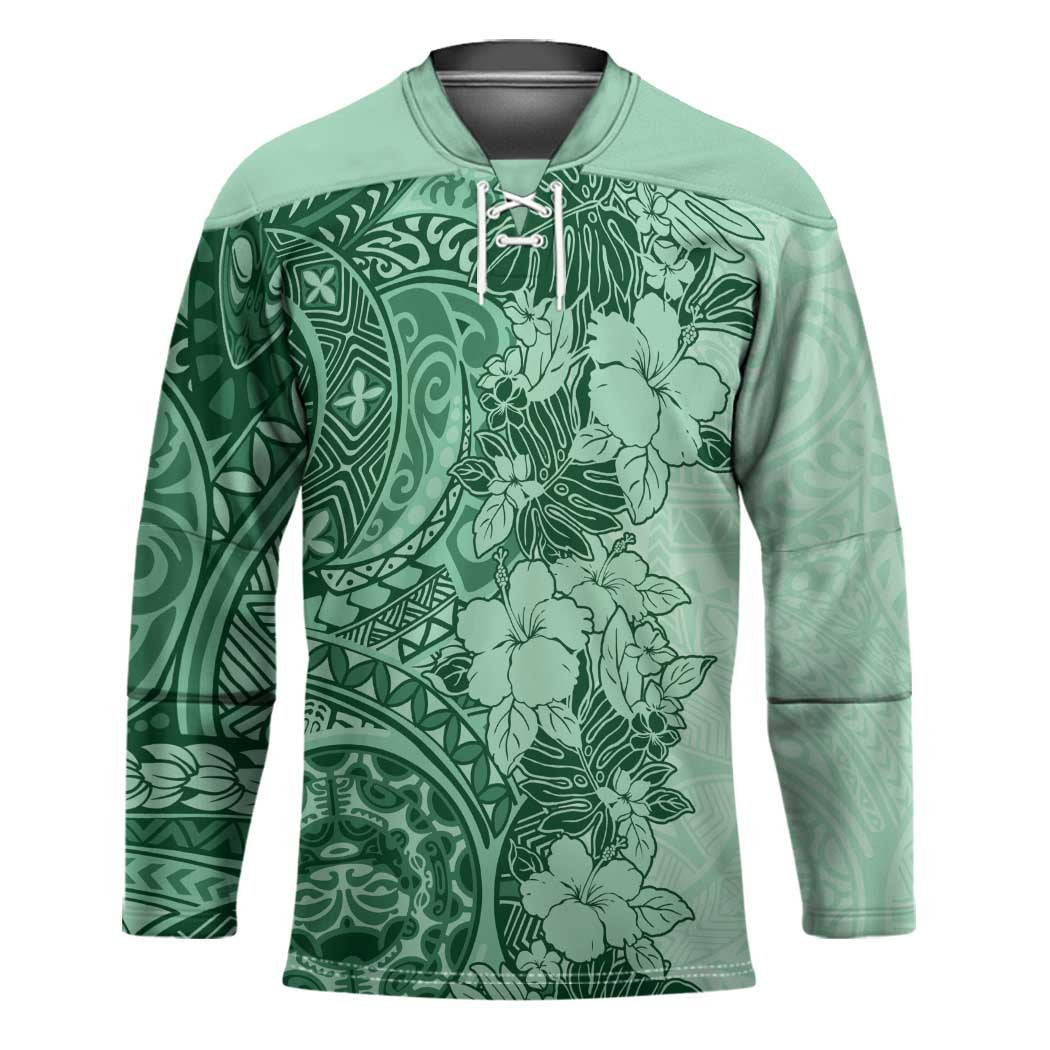 Polynesia Hockey Jersey Hibiscus Hawaiian Tribal Tattoo Retro Green LT9 Unisex Green - Polynesian Pride