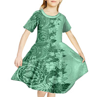 Polynesia Kid Short Sleeve Dress Hibiscus and Hawaiian Tribal Tattoo Retro Style Green Color LT9 - Polynesian Pride