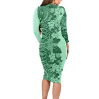 Polynesia Long Sleeve Bodycon Dress Hibiscus and Hawaiian Tribal Tattoo Retro Style Green Color LT9 - Polynesian Pride