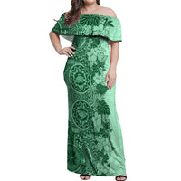 Polynesia Off Shoulder Maxi Dress Hibiscus and Hawaiian Tribal Tattoo Retro Style Green Color LT9 Women Green - Polynesian Pride