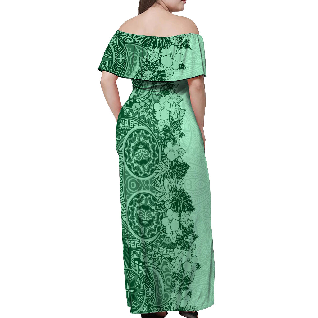 Polynesia Off Shoulder Maxi Dress Hibiscus and Hawaiian Tribal Tattoo Retro Style Green Color LT9 - Polynesian Pride