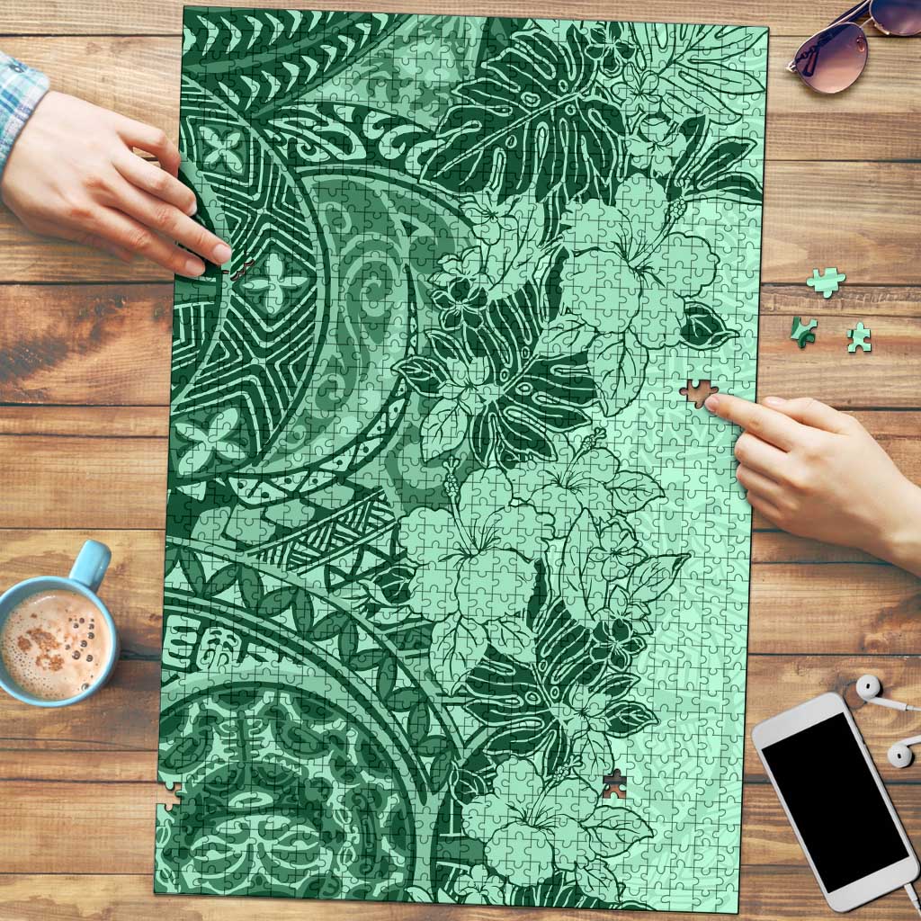 Polynesia Puzzle Hibiscus Hawaiian Tribal Tattoo Retro Green LT9 Green - Polynesian Pride
