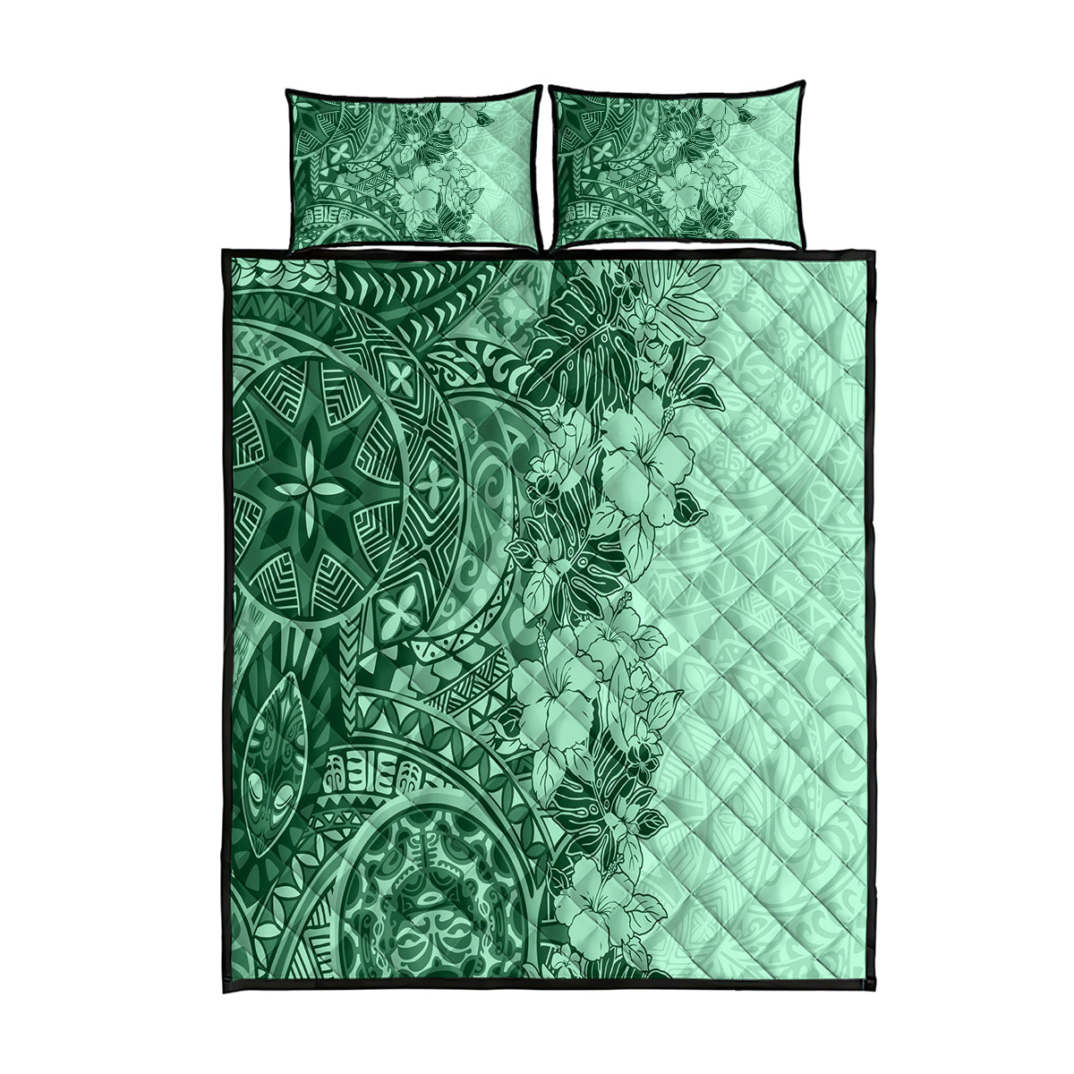 Polynesia Quilt Bed Set Hibiscus and Hawaiian Tribal Tattoo Retro Style Green Color LT9 Green - Polynesian Pride