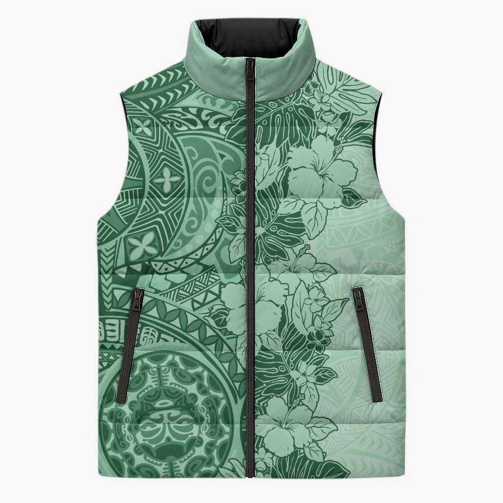 Polynesia Sleeveless Puffer Jacket Hibiscus Hawaiian Tribal Tattoo Retro Green LT9 Unisex Green - Polynesian Pride