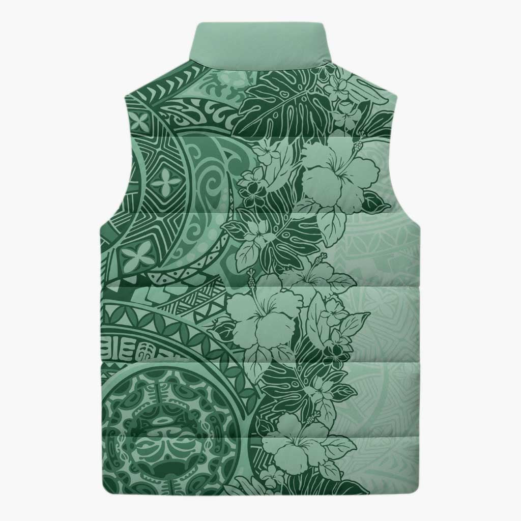 Polynesia Sleeveless Puffer Jacket Hibiscus Hawaiian Tribal Tattoo Retro Green - Polynesian Pride