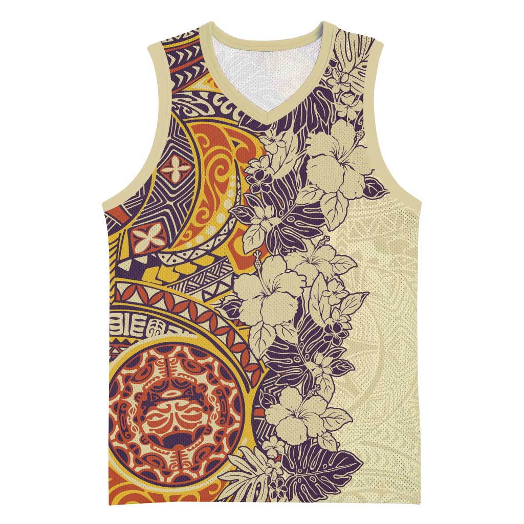 Polynesia Basketball Jersey Hibiscus Hawaiian Tribal Tattoo Retro Tan LT9 Unisex Tan - Polynesian Pride