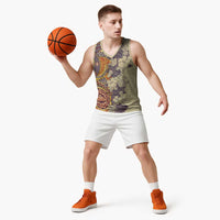 Polynesia Basketball Jersey Hibiscus Hawaiian Tribal Tattoo Retro Tan - Polynesian Pride