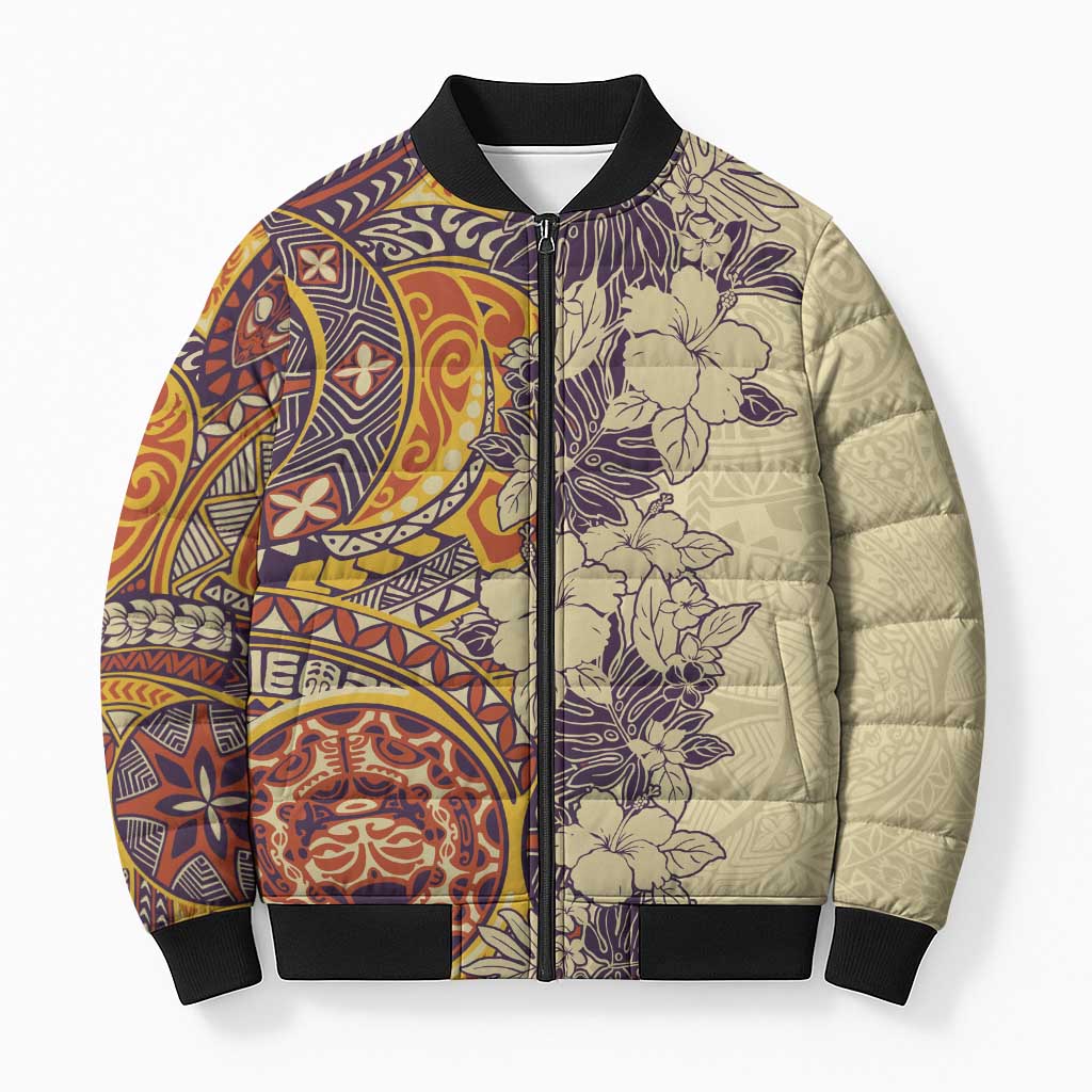 Polynesia Bomber Puffer Jacket Hibiscus Hawaiian Tribal Tattoo Retro Tan - Polynesian Pride