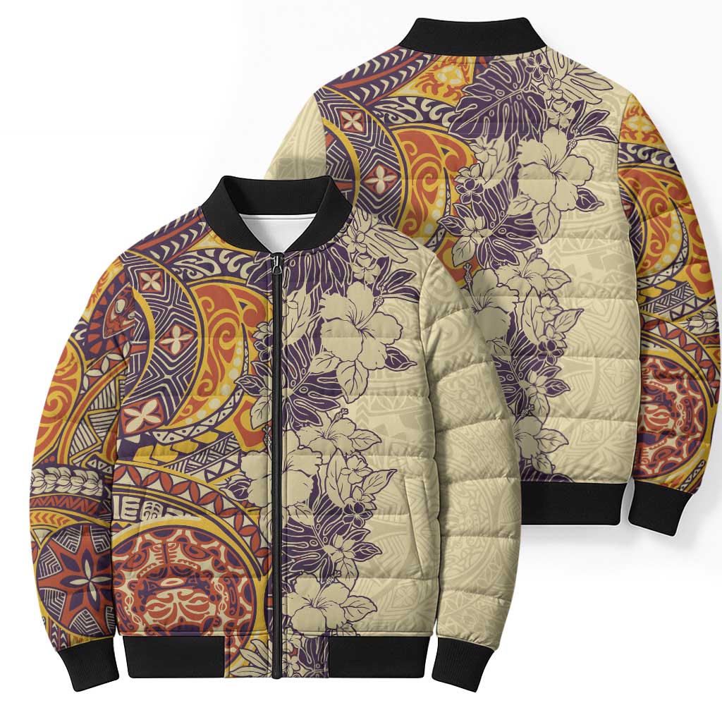 Polynesia Bomber Puffer Jacket Hibiscus Hawaiian Tribal Tattoo Retro Tan - Polynesian Pride