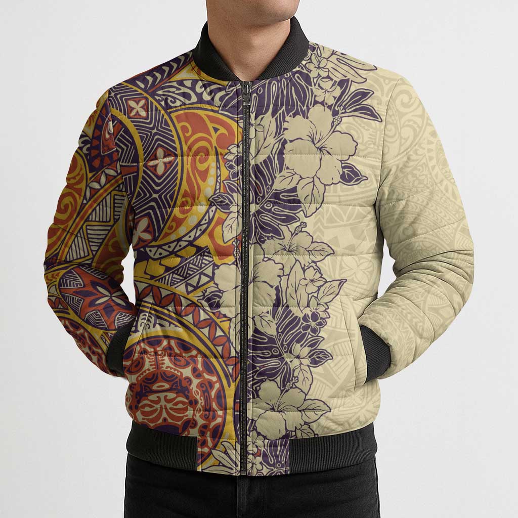 Polynesia Bomber Puffer Jacket Hibiscus Hawaiian Tribal Tattoo Retro Tan - Polynesian Pride