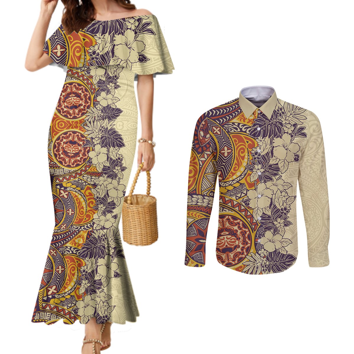 Polynesia Couples Matching Mermaid Dress and Long Sleeve Button Shirt Hibiscus and Hawaiian Tribal Tattoo Retro Style Tan Color LT9 Tan - Polynesian Pride