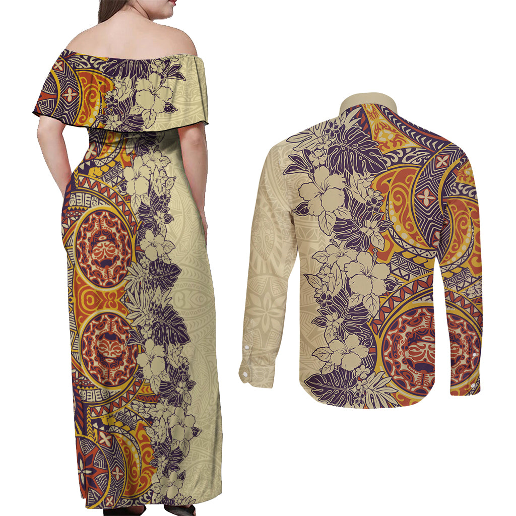 Polynesia Couples Matching Off Shoulder Maxi Dress and Long Sleeve Button Shirt Hibiscus and Hawaiian Tribal Tattoo Retro Style Tan Color LT9 - Polynesian Pride
