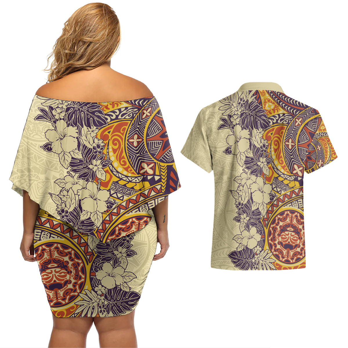 Polynesia Couples Matching Off Shoulder Short Dress and Hawaiian Shirt Hibiscus and Hawaiian Tribal Tattoo Retro Style Tan Color LT9 - Polynesian Pride