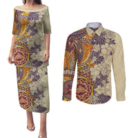 Polynesia Couples Matching Puletasi Dress and Long Sleeve Button Shirt Hibiscus and Hawaiian Tribal Tattoo Retro Style Tan Color LT9 Tan - Polynesian Pride