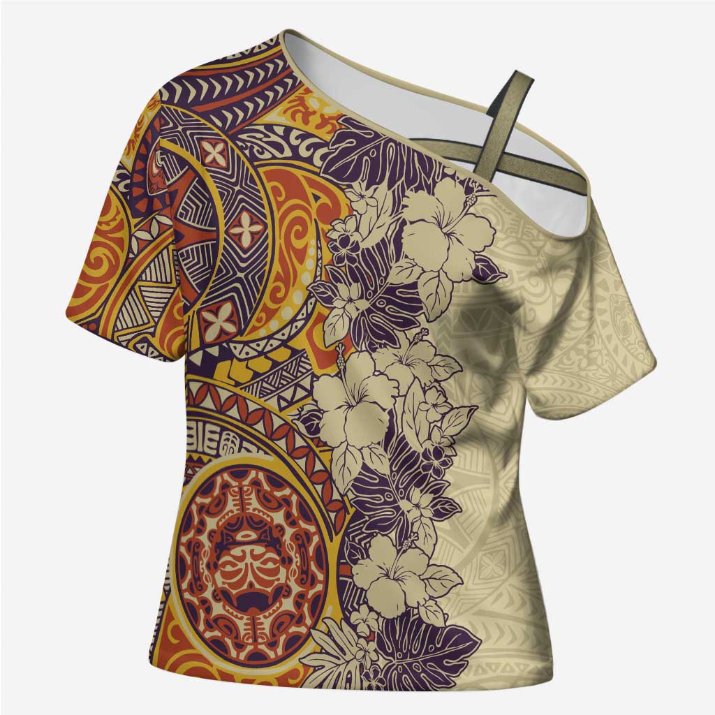 Polynesia Cross Shoulder Shirt Hibiscus Hawaiian Tribal Tattoo Retro Tan LT9 Female Tan - Polynesian Pride