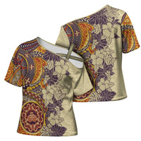 Polynesia Cross Shoulder Shirt Hibiscus Hawaiian Tribal Tattoo Retro Tan - Polynesian Pride
