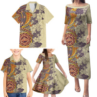 Polynesia Family Matching Puletasi Dress and Hawaiian Shirt Hibiscus and Hawaiian Tribal Tattoo Retro Style Tan Color LT9 - Polynesian Pride