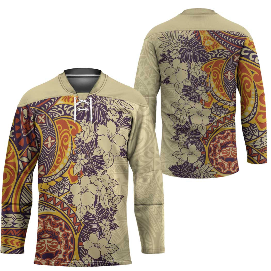 Polynesia Hockey Jersey Hibiscus Hawaiian Tribal Tattoo Retro Tan LT9 - Polynesian Pride