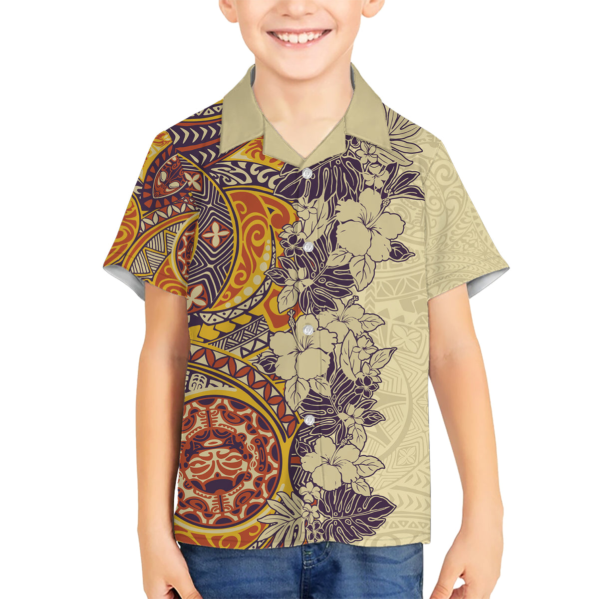 Polynesia Kid Hawaiian Shirt Hibiscus and Hawaiian Tribal Tattoo Retro Style Tan Color LT9 Kid Tan - Polynesian Pride