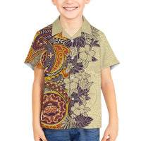 Polynesia Kid Hawaiian Shirt Hibiscus and Hawaiian Tribal Tattoo Retro Style Tan Color LT9 Kid Tan - Polynesian Pride