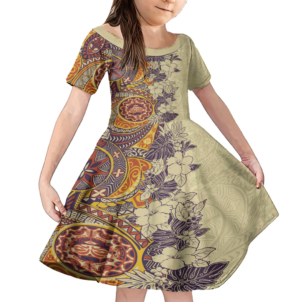 Polynesia Kid Short Sleeve Dress Hibiscus and Hawaiian Tribal Tattoo Retro Style Tan Color LT9 KID Tan - Polynesian Pride
