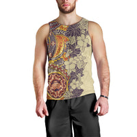 Polynesia Men Tank Top Hibiscus and Hawaiian Tribal Tattoo Retro Style Tan Color LT9 - Polynesian Pride