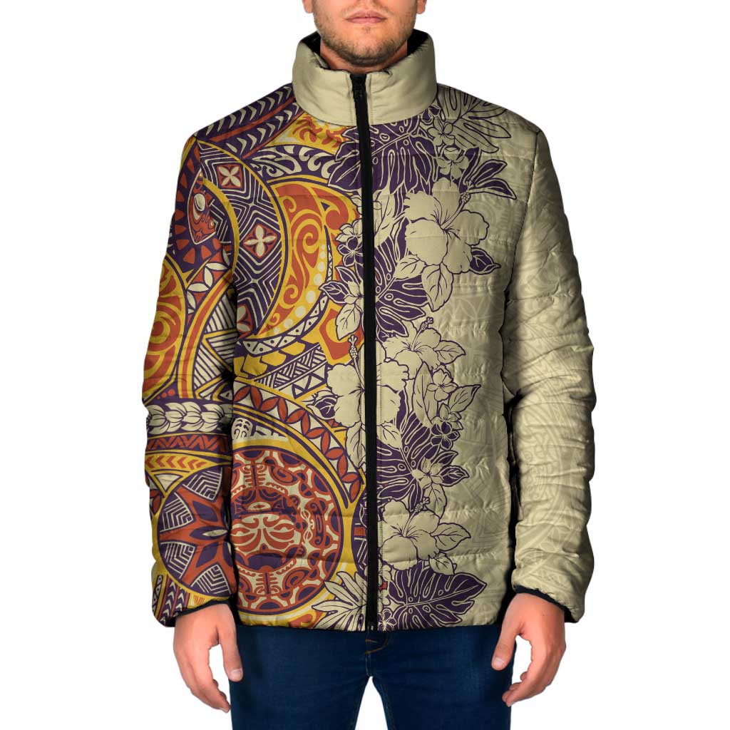 Polynesia Padded Jacket Hibiscus Hawaiian Tribal Tattoo Retro Tan LT9 Men Tan - Polynesian Pride